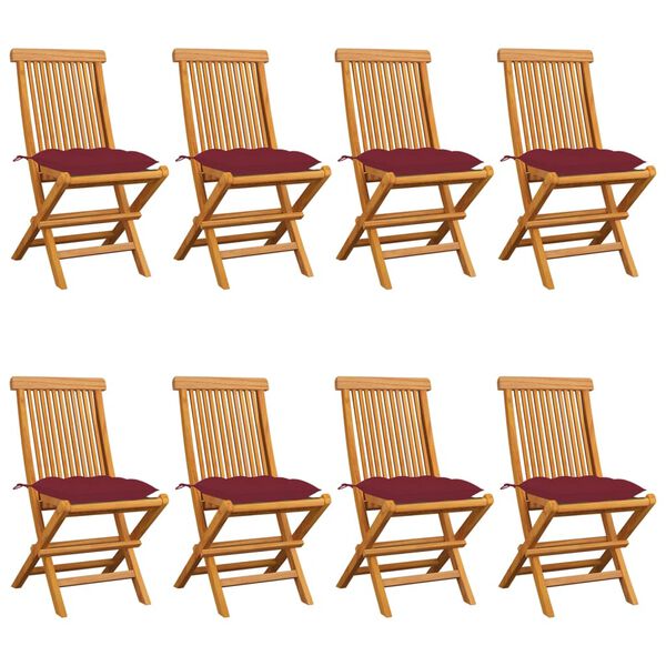 vidaXL Vrtne stolice s jastucima boje vina 8 kom od masivne tikovine