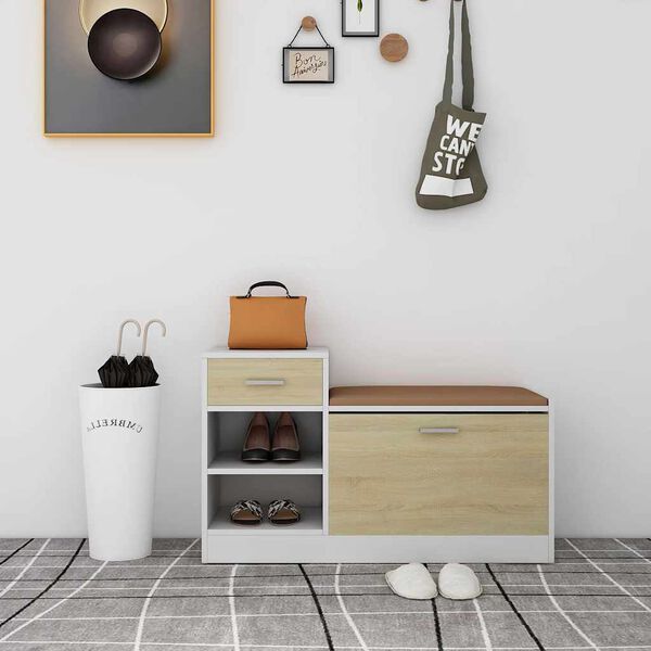 vidaXL Klupa za cipele bijela i boja hrasta 94,5 x 31 x 57 cm drvena