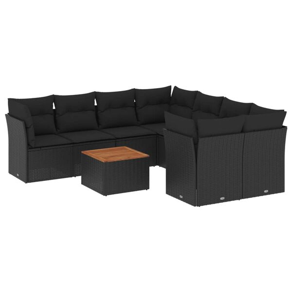 vidaXL 9-dijelni set vrtnih sofa s jastucima crni od poliratana