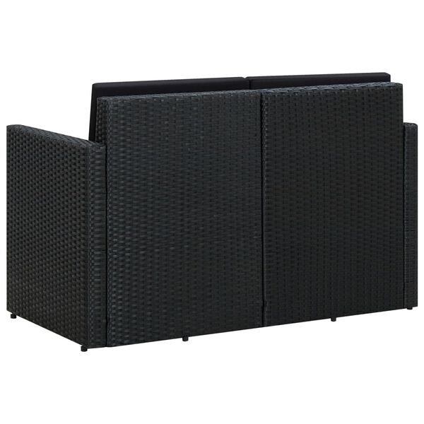 vidaXL Vrtni dvosjed od poliratana s jastucima crni