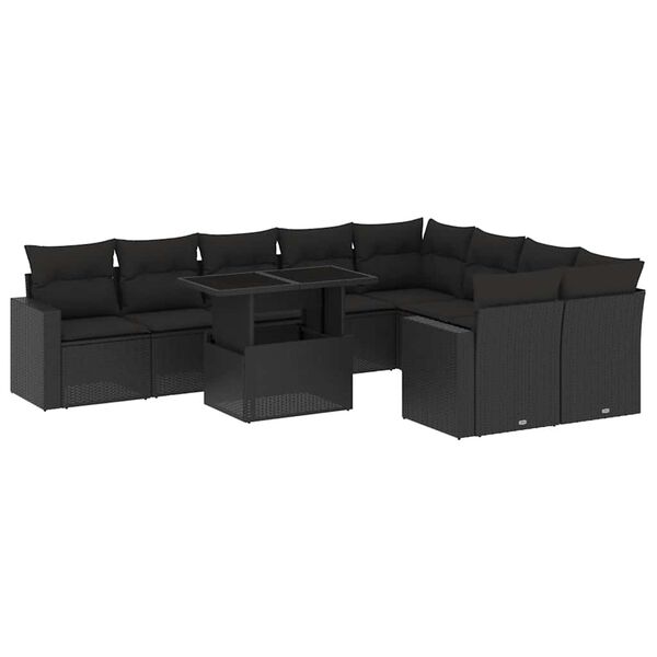 vidaXL 10-dijelni set vrtnih sofa s jastucima crni od poliratana
