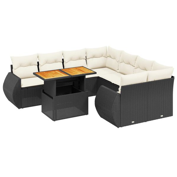 vidaXL 9-dijelni set vrtnih sofa s jastucima crni od poliratana