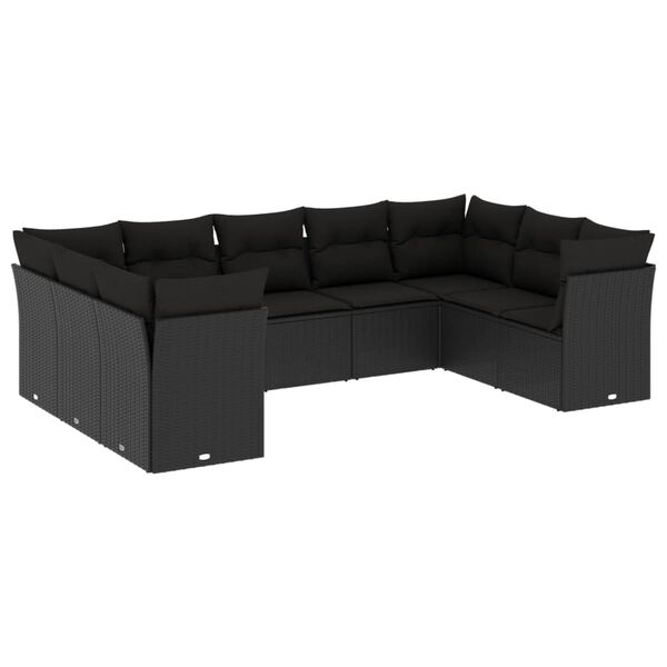 vidaXL 9-dijelni set vrtnih sofa s jastucima crni od poliratana