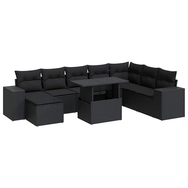 vidaXL 9-dijelni set vrtnih sofa s jastucima crni od poliratana