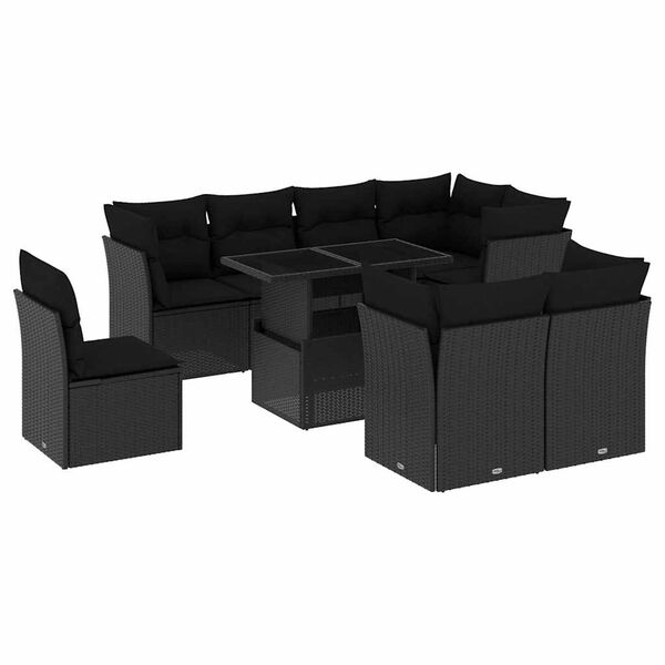 vidaXL 9-dijelni set vrtnih sofa s jastucima crni od poliratana
