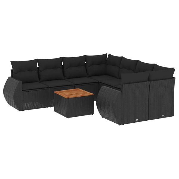 vidaXL 9-dijelni set vrtnih sofa s jastucima crni od poliratana