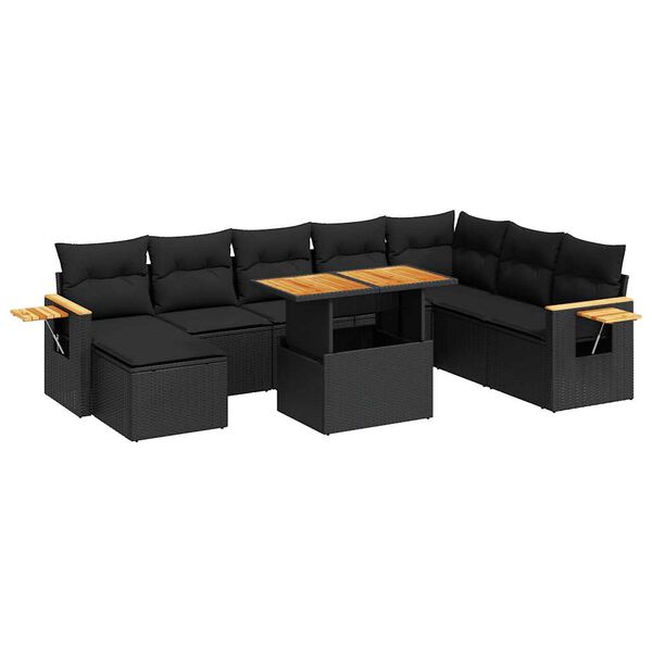 vidaXL 9-dijelni set vrtnih sofa s jastucima crni od poliratana bagrem