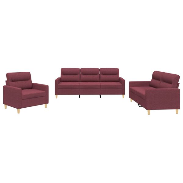 vidaXL 3-dijelni set sofa s jastucima crvena boja vina od tkanine