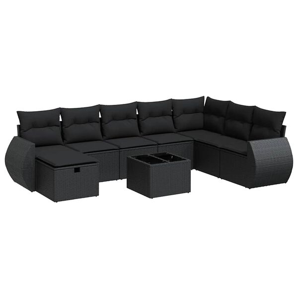 vidaXL 9-dijelni set vrtnih sofa s jastucima crni od poliratana