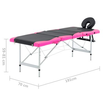 vidaXL Sklopivi stol za masažu s 4 zone aluminijski crno-ružičasti