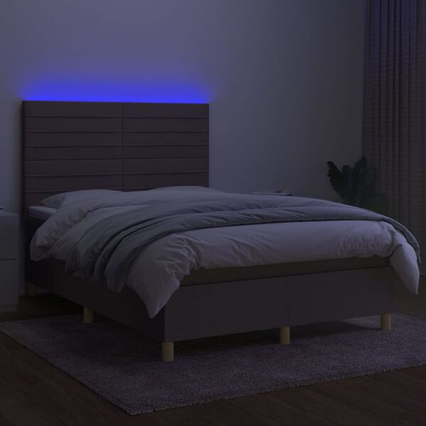 vidaXL Krevet box spring s madracem LED smeđesivi 140x200 cm tkanina