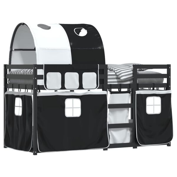 vidaXL Krevet na kat sa zavjesama bijelo-crni 90 x 200 cm od borovine