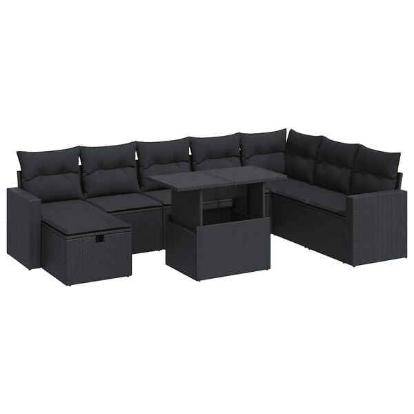 vidaXL 9-dijelni set vrtnih sofa s jastucima crni od poliratana