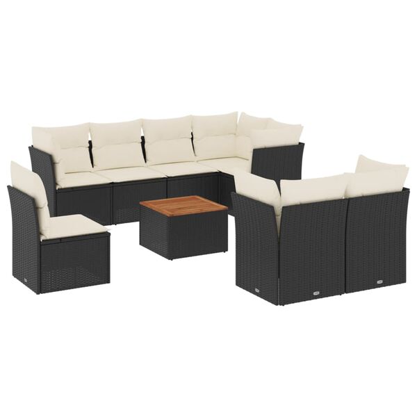 vidaXL 9-dijelni set vrtnih sofa s jastucima crni od poliratana