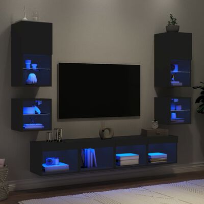 vidaXL 8-dijelni zidni TV elementi s LED svjetlima crni drveni
