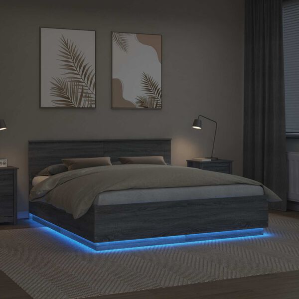 vidaXL Krevetna konstrukcija S LED lampica Siva Sonoma 200 x 200 cm