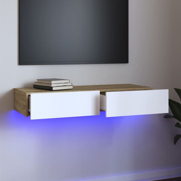 vidaXL TV ormarić s LED svjetlima bijeli i boja hrasta 90x35x15,5 cm