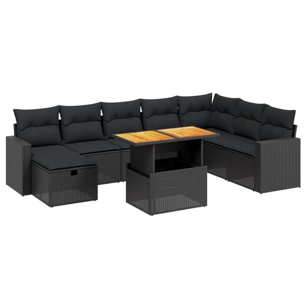vidaXL 9-dijelni set vrtnih sofa s jastucima crni od poliratana