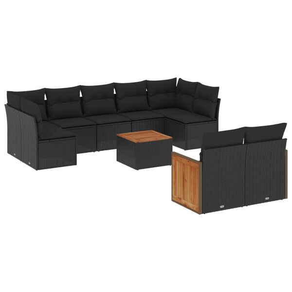 vidaXL 10-dijelni set vrtnih sofa s jastucima crni od poliratana