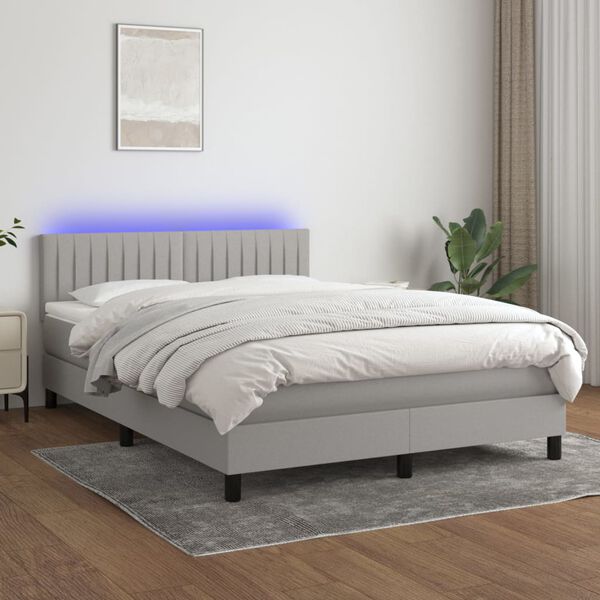 vidaXL Krevet box spring s madracem LED svjetlosivi 140x190 cm tkanina