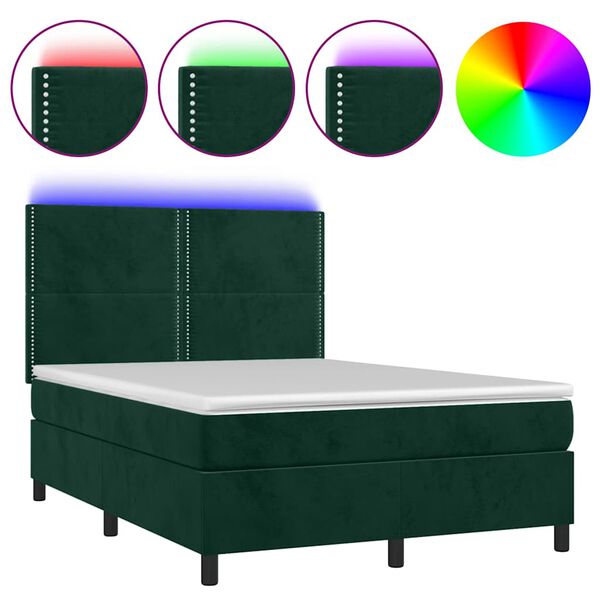 vidaXL Krevet box spring s madracem LED tamnozeleni 140x190 cm bar&scaron;un