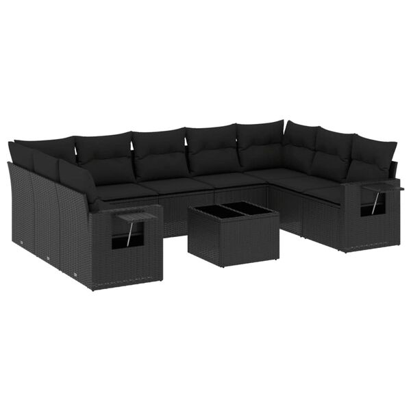 vidaXL 10-dijelni set vrtnih sofa s jastucima crni od poliratana
