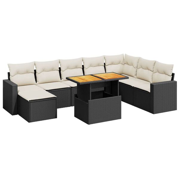 vidaXL 9-dijelni set vrtnih sofa s jastucima crni od poliratana