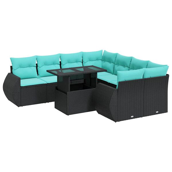 vidaXL 9-dijelni set vrtnih sofa s jastucima crni od poliratana bagrem