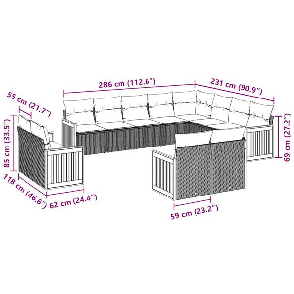 vidaXL 12-dijelni set vrtnih sofa od poliratana s jastucima crni