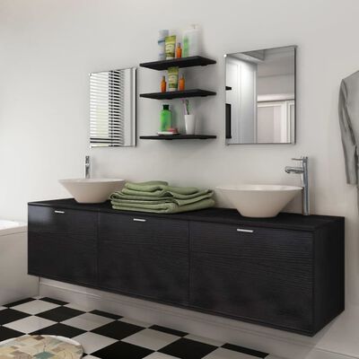 vidaXL 10-dijelni set kupaonskog namještaja s umivaonikom i slavinom crni