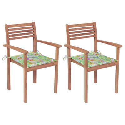 vidaXL Vrtne stolice s jastucima s uzorkom lišća 2 kom od tikovine