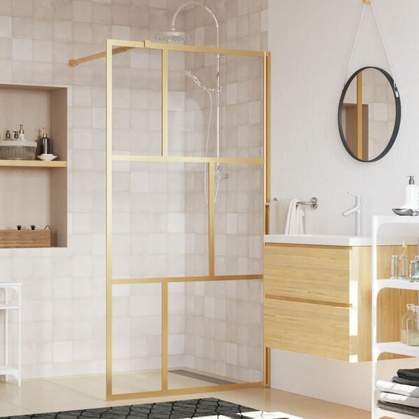 vidaXL Stijenka za walk-in tu&scaron; sa staklom ESG zlatna 115 x 195 cm