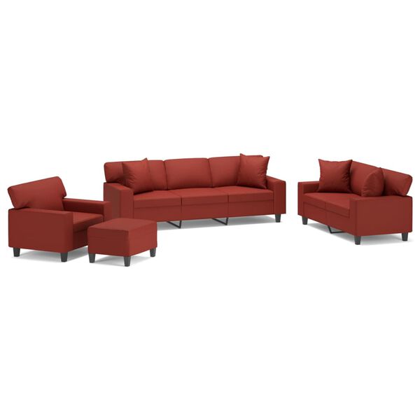 vidaXL 4-dijelni set sofa s jastucima crvena boja vina od umjetne kože