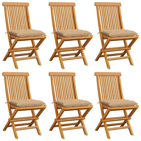vidaXL Vrtne stolice s bež jastucima 6 kom od masivne tikovine