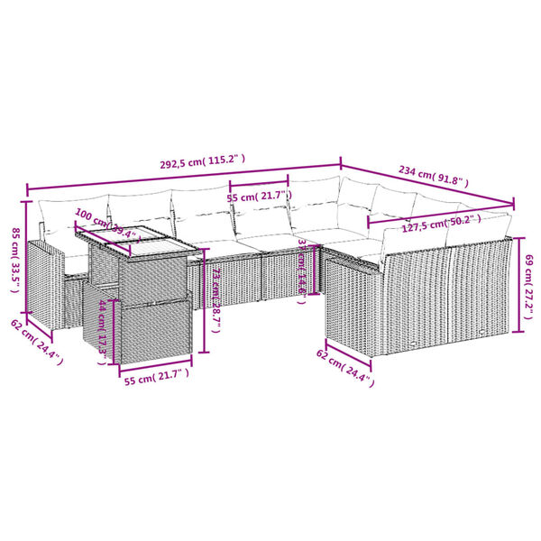 vidaXL 10-dijelni set vrtnih sofa s jastucima crni od poliratana