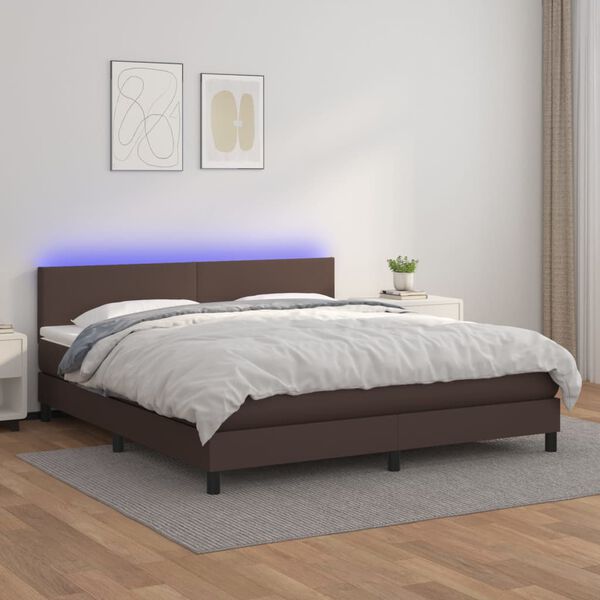 vidaXL Krevet box spring s madracem LED smeđi 160x200 cm umjetna koža