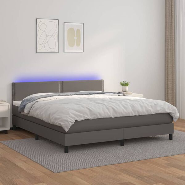 vidaXL Krevet box spring s madracem LED sivi 160x200cm od umjetne kože