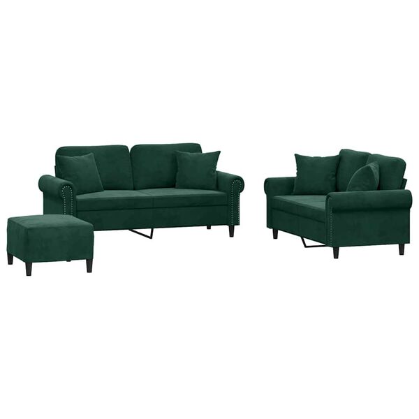 vidaXL 3-dijelni set sofa s jastucima tamnozeleni bar&scaron;unasti