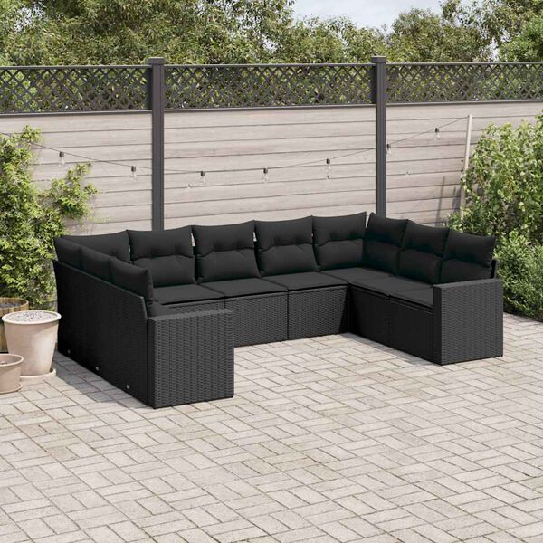 vidaXL 9-dijelni set vrtnih sofa s jastucima crni od poliratana