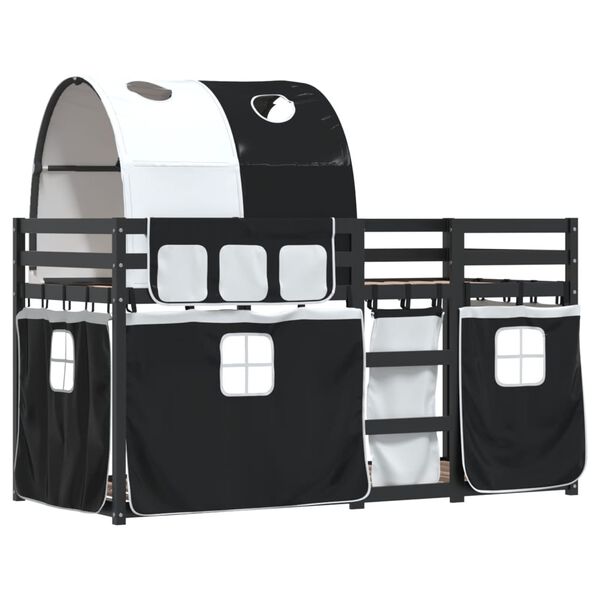 vidaXL Krevet na kat sa zavjesama bijelo-crni 90 x 200 cm od borovine