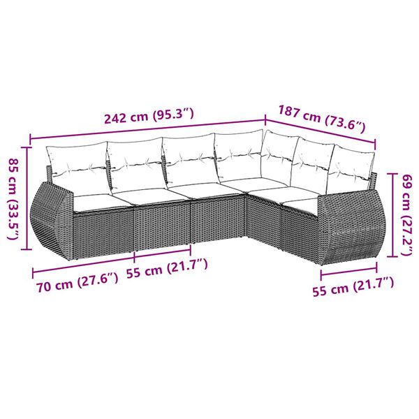 vidaXL 6-dijelni set vrtnih sofa s jastucima crni od poliratana