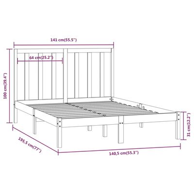 vidaXL Okvir za krevet od masivne borovine 135 x 190 cm bračni