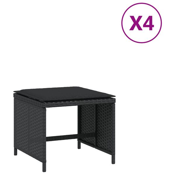 vidaXL Vrtni taburei s jastucima 4 kom crni 41x41x36 cm od poliratana
