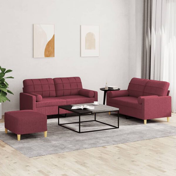 vidaXL 3-dijelni set sofa s jastucima crvena boja vina od tkanine