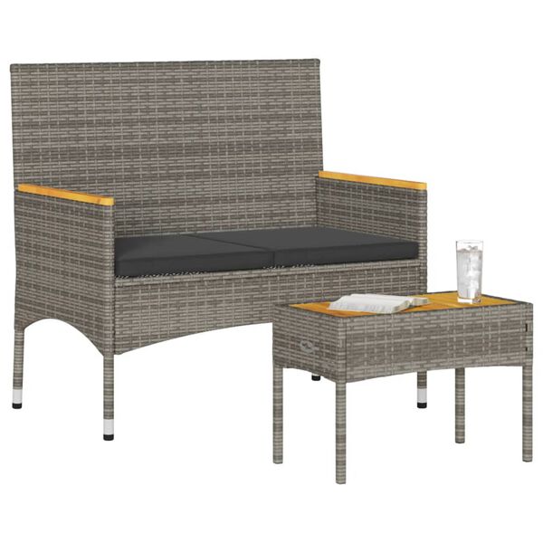 vidaXL Vrtna klupa za 2 osobe s jastucima i stolom siva od poliratana