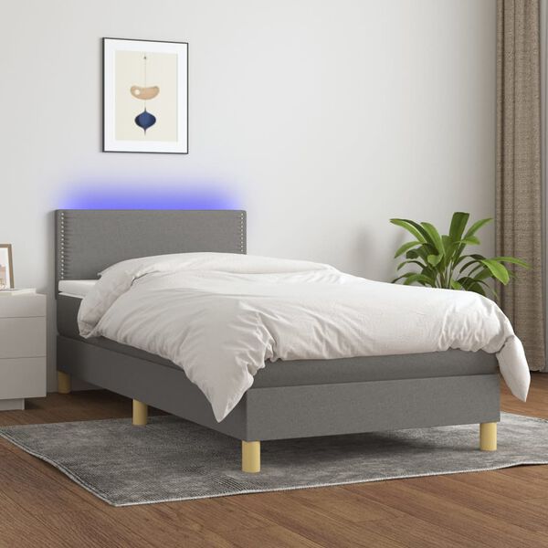 vidaXL Krevet box spring s madracem LED tamnosivi 90x190 cm tkanina
