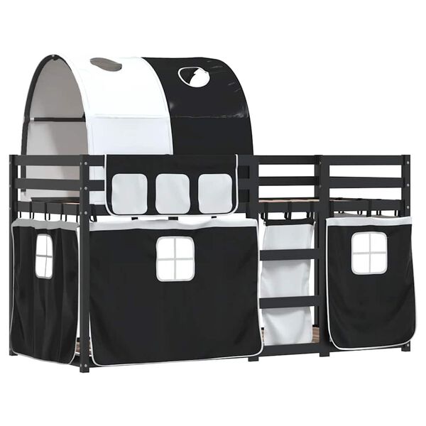 vidaXL Krevet na kat sa zavjesama bijelo-crni 90 x 190 cm od borovine