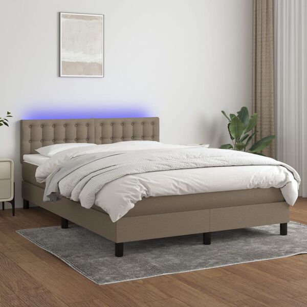 vidaXL Krevet box spring s madracem LED smeđesivi 140x200 cm tkanina