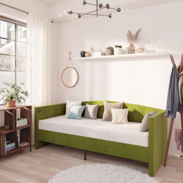 vidaXL Dnevni ležaj s madracem i USB-om svjetlozeleni bar&scaron;un 90x200 cm