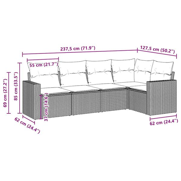 vidaXL 5-dijelni set vrtnih sofa s jastucima poliratan smeđi
